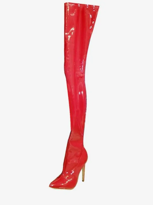 Bottes sexy rouges femmes bout pointu talon aiguille cuissardes bottes à talons hauts sur les bottes au genou
