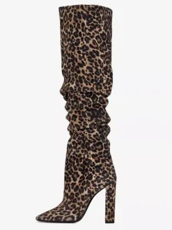 Bottes souples en daim kaki bout pointu talons épais bottes hautes chaussures