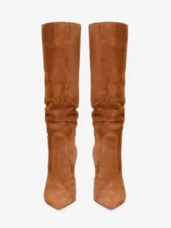 Bottes souples en daim marron à bout pointu et talon aiguille bottes mi-mollet