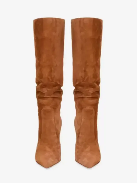 Bottes souples en daim marron à bout pointu et talon aiguille bottes mi-mollet