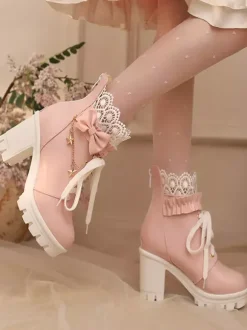 Bottes Sweet Lolita blanches à n艙uds en dentelle bout rond chaussures Lolita en cuir PU