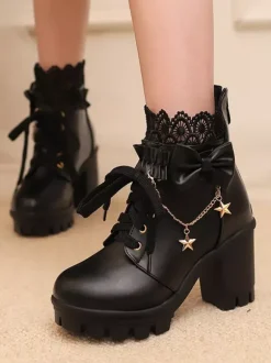 Bottes Sweet Lolita blanches à n艙uds en dentelle bout rond chaussures Lolita en cuir PU