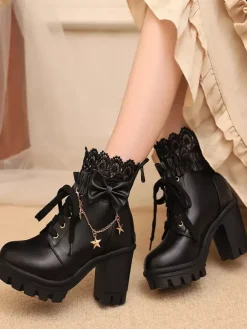 Bottes Sweet Lolita blanches à n艙uds en dentelle bout rond chaussures Lolita en cuir PU