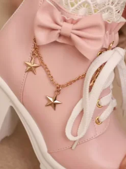 Bottes Sweet Lolita blanches à n艙uds en dentelle bout rond chaussures Lolita en cuir PU