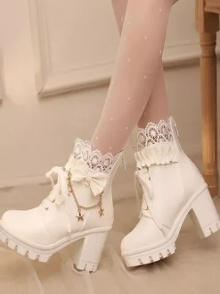 Bottes Sweet Lolita blanches à n艙uds en dentelle bout rond chaussures Lolita en cuir PU