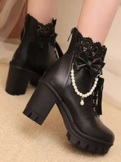 Bottes Sweet Lolita en cuir PU avec lacets et n艙uds bout rond chaussures Lolita noires
