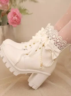 Bottes Sweet Lolita en cuir PU avec lacets et n艙uds bout rond chaussures Lolita noires