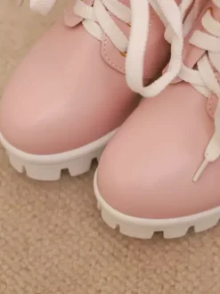 Bottes Sweet Lolita en cuir PU avec lacets et n艙uds bout rond chaussures Lolita noires