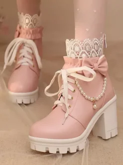 Bottes Sweet Lolita en cuir PU avec lacets et n艙uds bout rond chaussures Lolita noires
