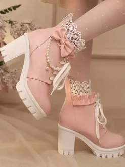 Bottes Sweet Lolita en cuir PU avec lacets et n艙uds bout rond chaussures Lolita noires