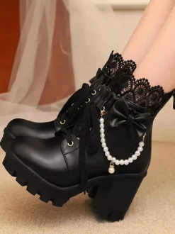 Bottes Sweet Lolita en cuir PU avec lacets et n艙uds bout rond chaussures Lolita noires