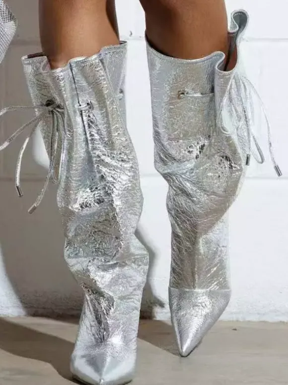 Bottes argentées à talons hauts et bout pointu pour femme
