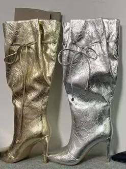 Bottes argentées à talons hauts et bout pointu pour femme