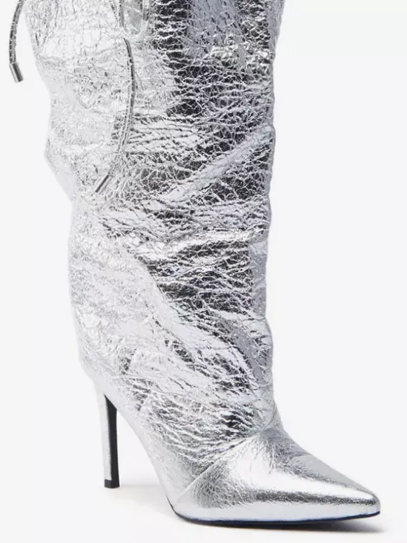 Bottes argentées à talons hauts et bout pointu pour femme