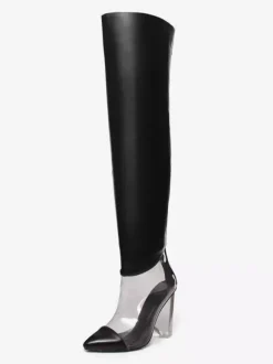 Bottes au-dessus du genou argentées bottes métalliques à bout pointu et talon épais cuissardes hautes