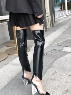 Bottes au-dessus du genou argentées bottes métalliques à bout pointu et talon épais cuissardes hautes