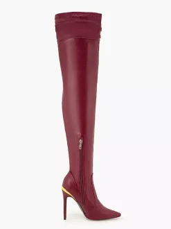 Bottes au-dessus du genou bordeaux à bout pointu avec boucle et talon aiguille bottes sexy à hauteur de cuisse