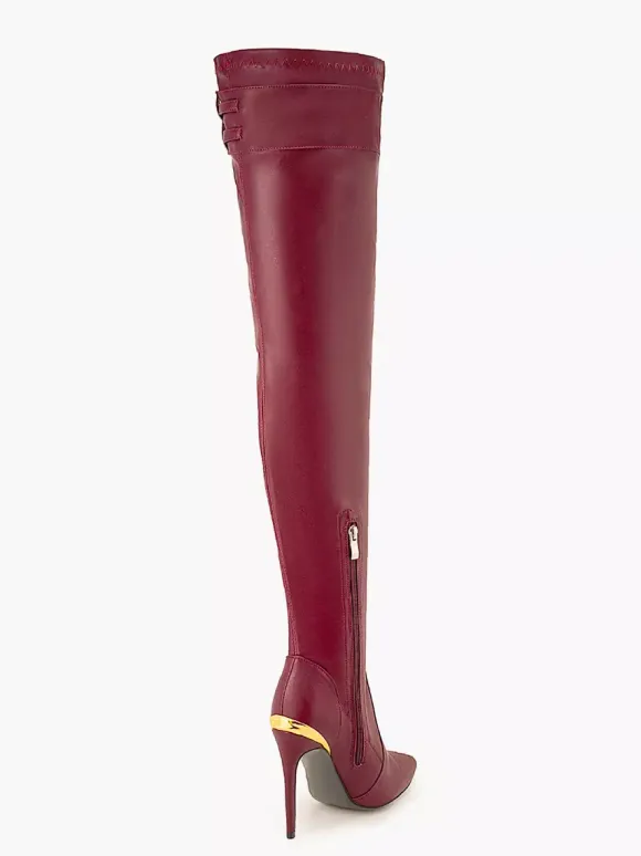 Bottes au-dessus du genou bordeaux à bout pointu avec boucle et talon aiguille bottes sexy à hauteur de cuisse