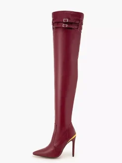 Bottes au-dessus du genou bordeaux à bout pointu avec boucle et talon aiguille bottes sexy à hauteur de cuisse