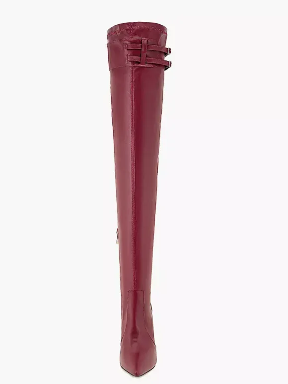 Bottes au-dessus du genou bordeaux à bout pointu avec boucle et talon aiguille bottes sexy à hauteur de cuisse