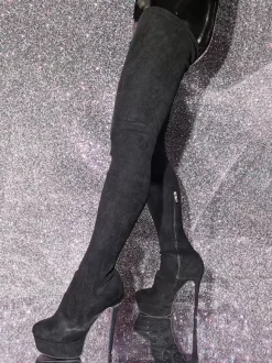 Bottes au-dessus du genou Bottes hautes noires pour femmes Tige en micro-suède Talon aiguille