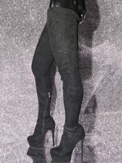 Bottes au-dessus du genou Bottes hautes noires pour femmes Tige en micro-suède Talon aiguille