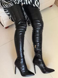 Bottes au-dessus du genou Bottes noires au-dessus du genou pour femmes en cuir PU à talon aiguille