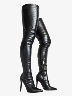 Bottes au-dessus du genou Bottes noires au-dessus du genou pour femmes en cuir PU à talon aiguille