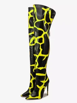 Bottes au-dessus du genou bout pointu imprimées talons hauts cuissardes