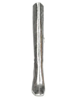 Bottes au genou argent bout carré imprimé serpent talon épais cuir brillant femmes longueur au genou bottes à talons hauts