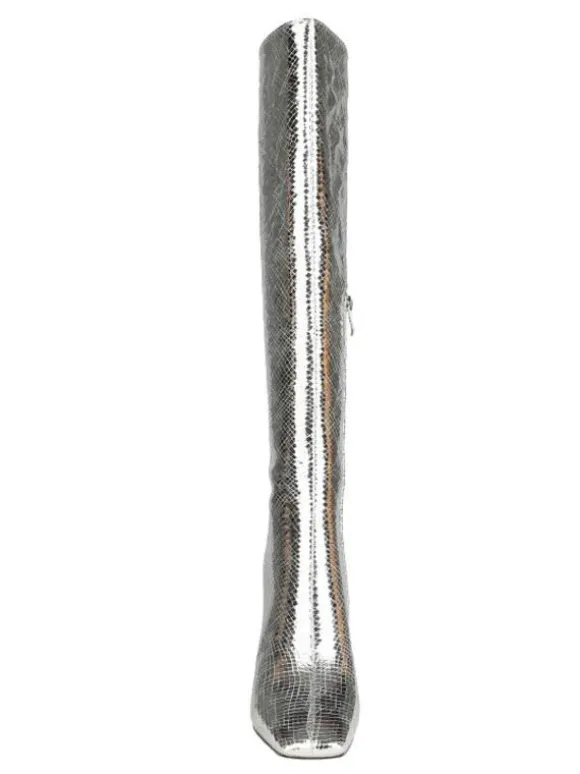 Bottes au genou argent bout carré imprimé serpent talon épais cuir brillant femmes longueur au genou bottes à talons hauts
