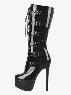 Bottes au genou pour femmes en cuir PU Mi-mollet Boucle Talon aiguille