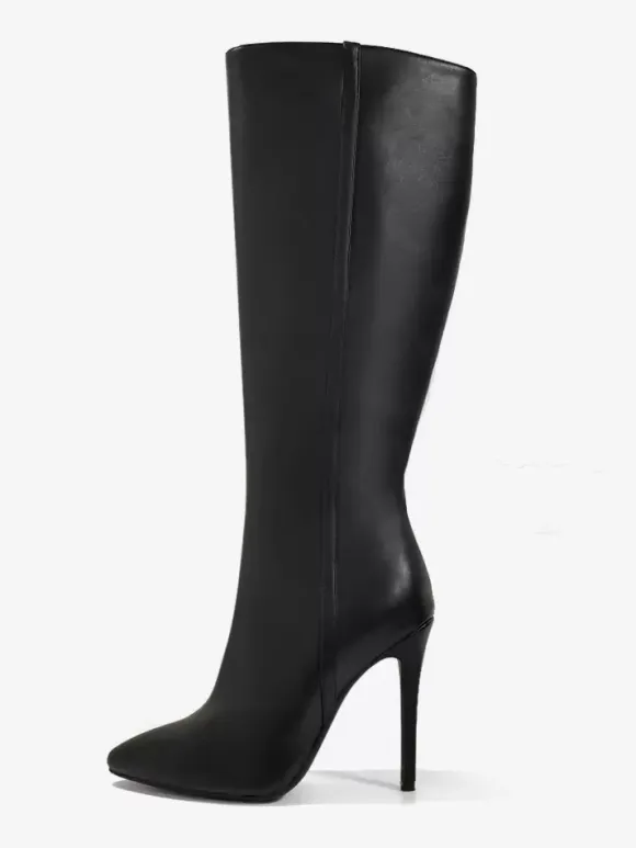 Bottes au genou pour femmes en cuir PU détails en métal cuissardes au genou talon aiguille