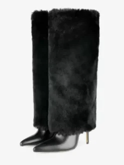 Bottes au Genou à Talons Hauts avec Bout Pointu en Cuir Synthétique Unicolore