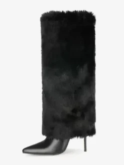 Bottes au Genou à Talons Hauts avec Bout Pointu en Cuir Synthétique Unicolore