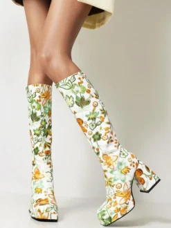 Bottes au Genou à Talons Hauts Femme Imprimés avec Bout Rond