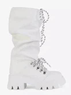 Bottes blanches mi-mollet pour femmes bottes plates à lacets et bout rond