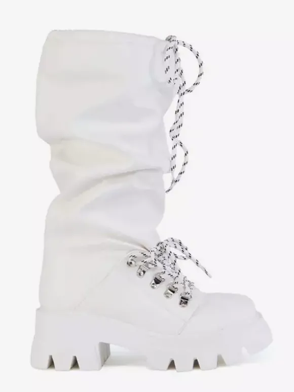 Bottes blanches mi-mollet pour femmes bottes plates à lacets et bout rond