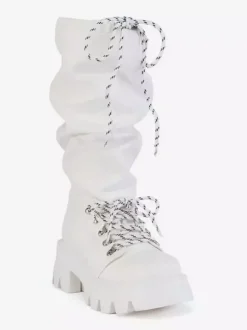 Bottes blanches mi-mollet pour femmes bottes plates à lacets et bout rond