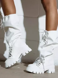 Bottes blanches mi-mollet pour femmes bottes plates à lacets et bout rond