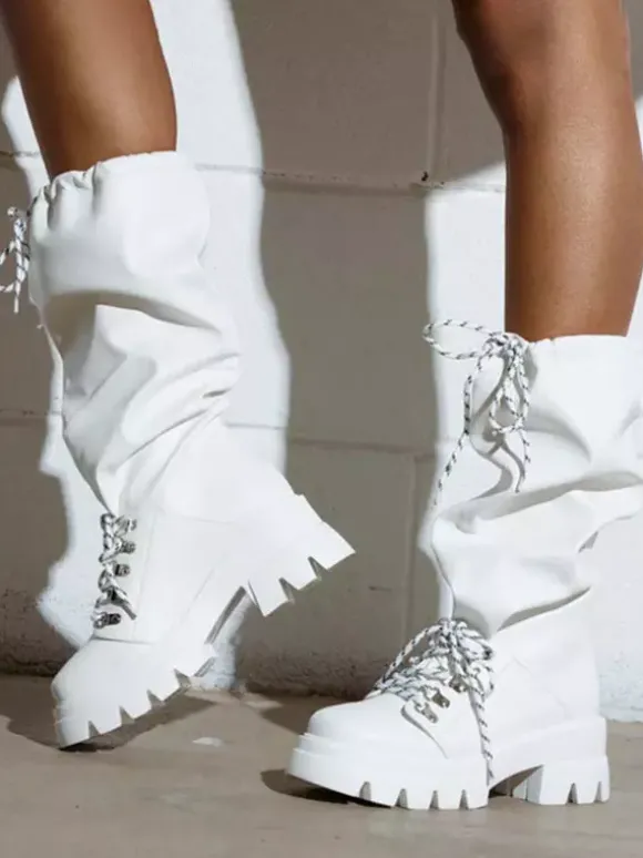 Bottes blanches mi-mollet pour femmes bottes plates à lacets et bout rond
