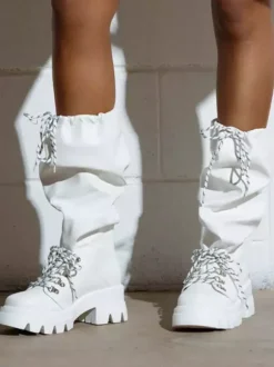 Bottes blanches mi-mollet pour femmes bottes plates à lacets et bout rond