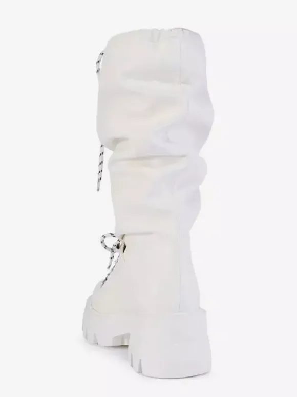 Bottes blanches mi-mollet pour femmes bottes plates à lacets et bout rond