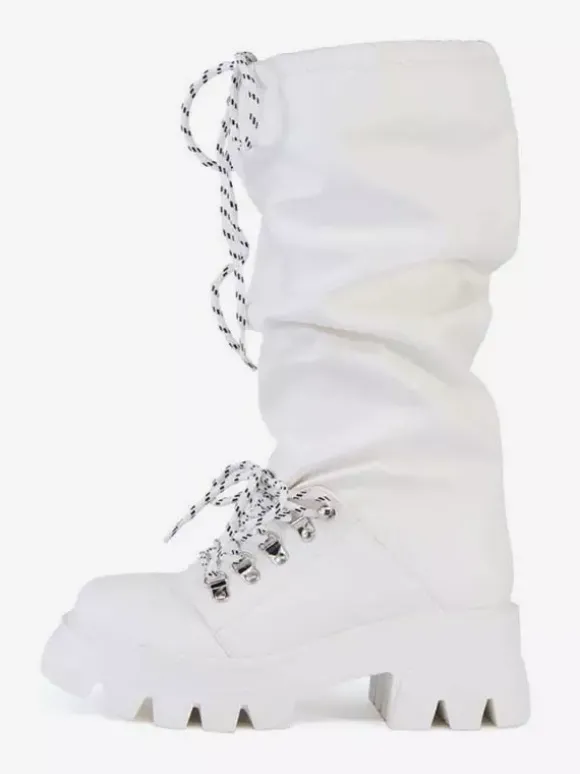 Bottes blanches mi-mollet pour femmes bottes plates à lacets et bout rond
