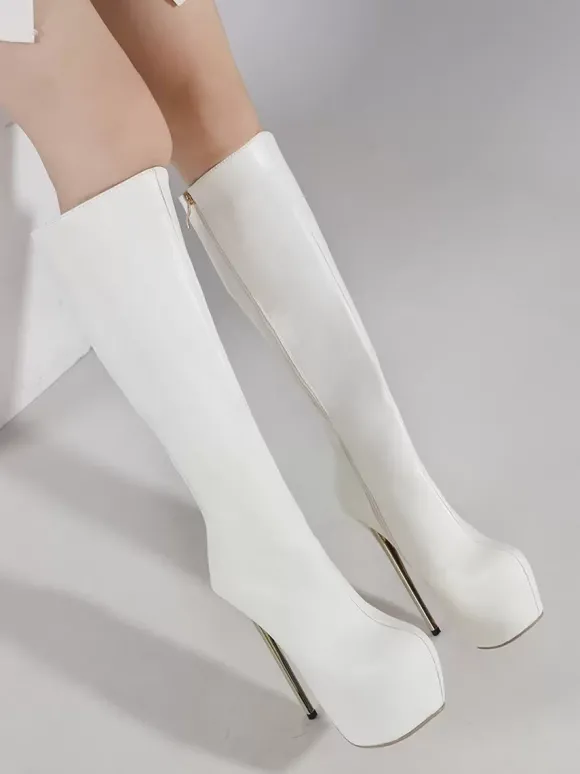 Bottes blanches sexy à plateforme et fermeture éclair jusqu'aux genoux