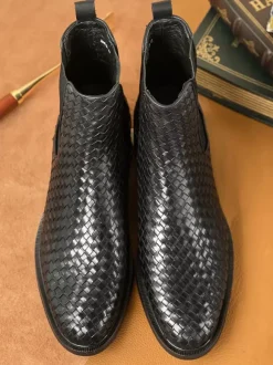 Bottes Chelsea pour hommes Bottines courtes à bout rond en cuir de vachette noir