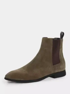 Bottes Chelsea pour hommes Bottines à enfiler à bout carré en micro-suède olive