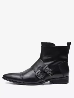 Bottes Chelsea pour hommes en cuir de vache noir à bout pointu et boucle à la cheville