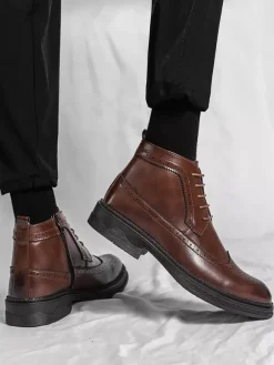 Bottes classiques à bout golf pour hommes bottines Derby en cuir à bout rond et talon bas