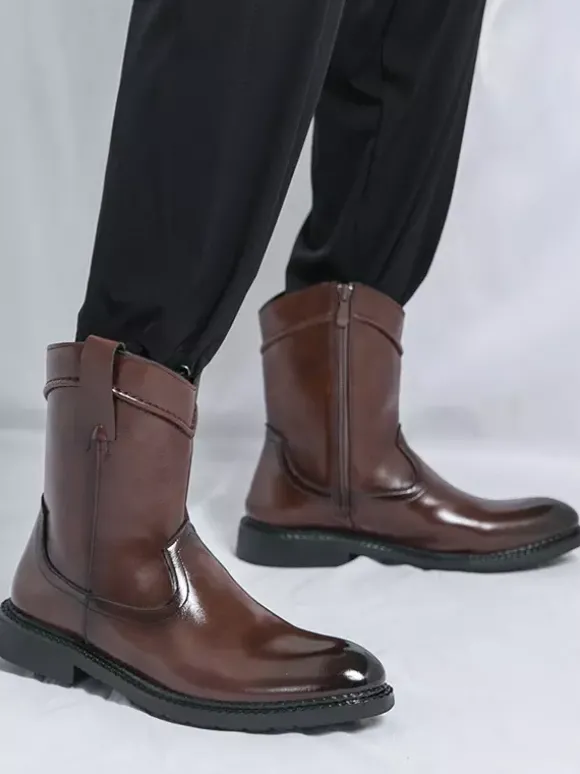 Bottes courtes pour hommes bottes en cuir à bout pointu et fermeture éclair avec talon bas